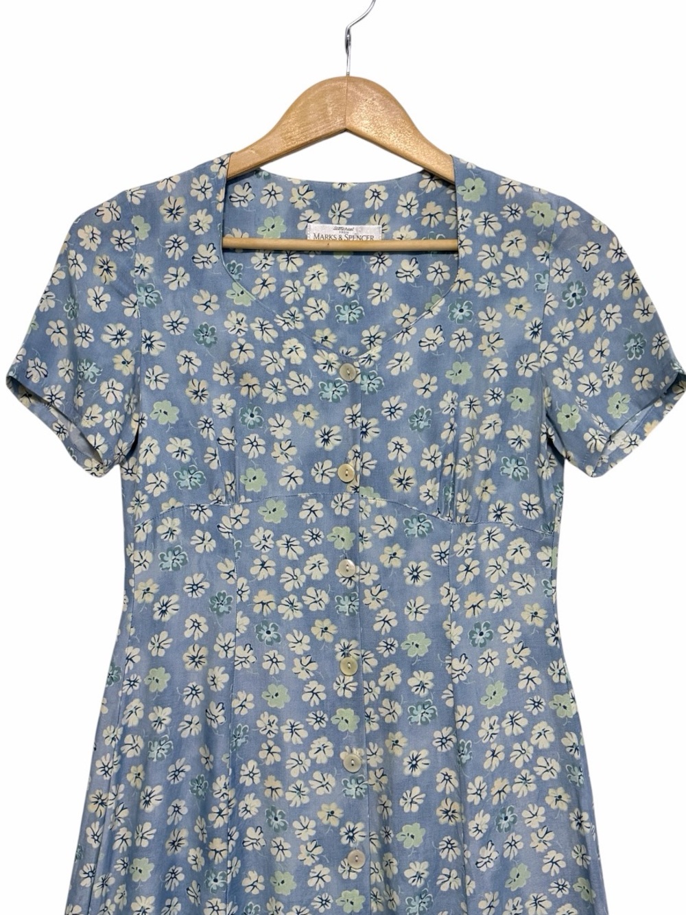 Vintage 80’s Marks & Spencer Button Front Floral Midi Dress In Pale Blue Mix | 6 - Picture 4 of 14